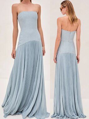Alexis Sunniva Dress Blue Strapless Plissé Pleated Drop Waist Gown NWT Size XS
